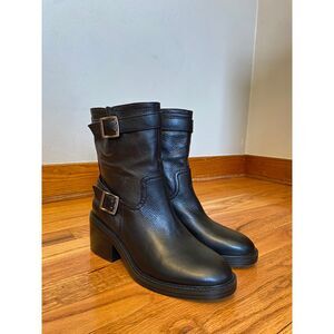 NWOB Vince Camuto Blk Leather Vergila Moto Biker‎ Mid Ankle Boots sz 8